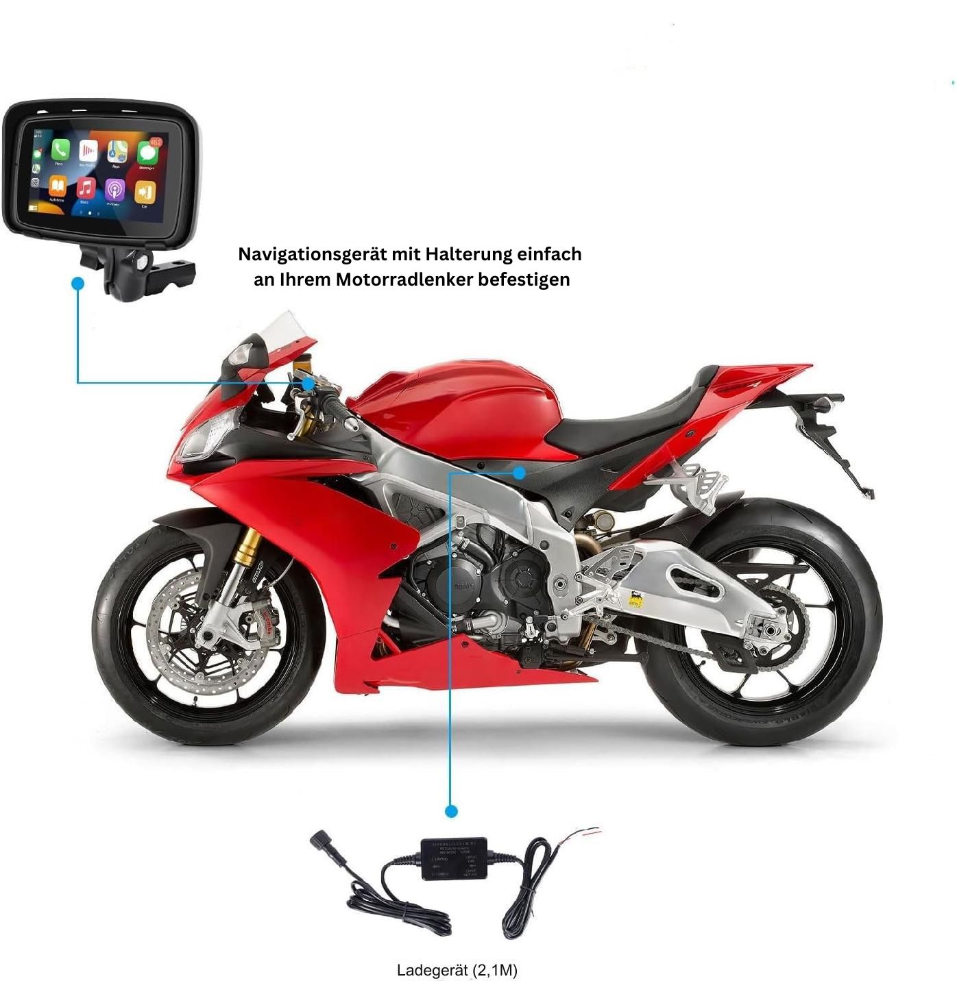 5 Zoll GPS Motorrad Navigationsgerät Navi mit Apple Carplay Android Auto, Touchscreen, Dual-Bluetooth, wasserdicht