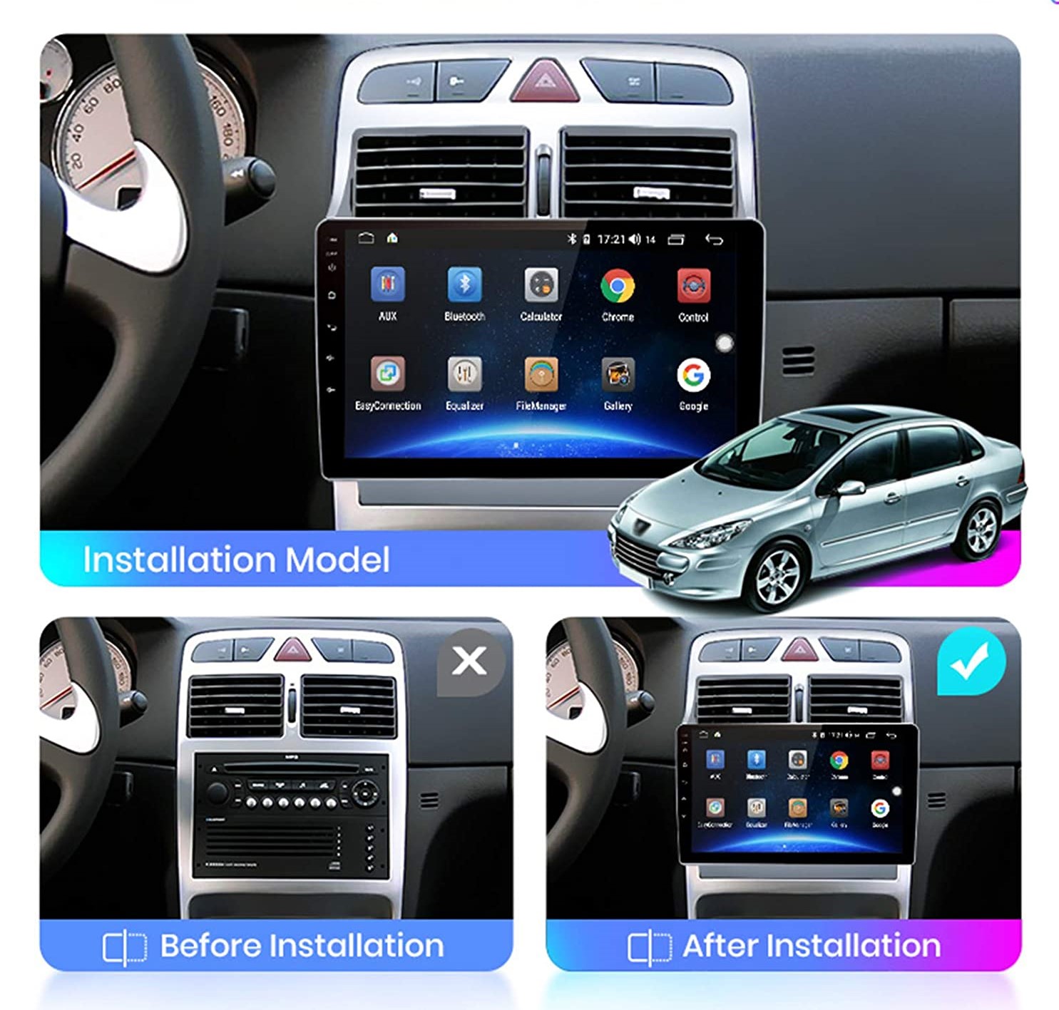 Peugeot 307 Android 10 Autoradio 9" Touchscreen BT GPS Navi Carplay RDS 64GB 4GB