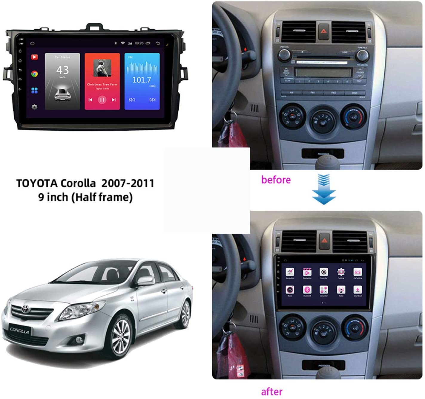 Toyota Corolla Android 10 Autoradio 9" Touchscreen Bluetooth GPS 3D Navigation  4Bit Octa Core CPU  4GB RAM; 64GB ROM