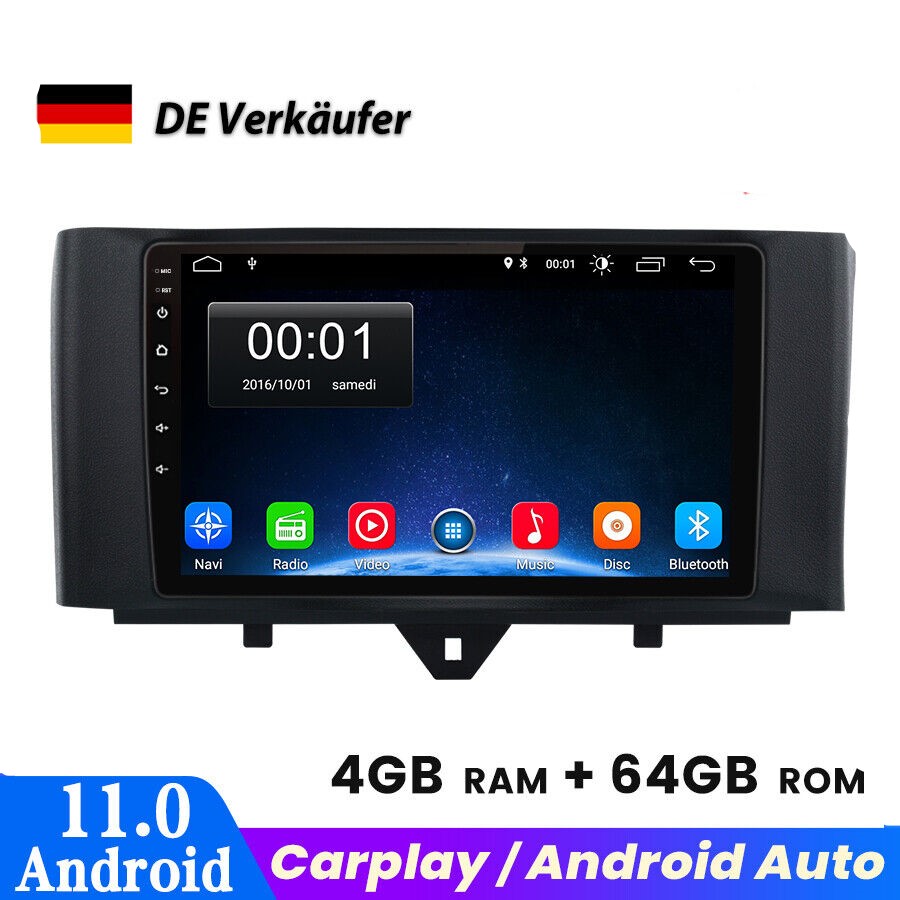 für Mercedes Smart Fortwo 451 2010-2015  9 zoll android 11  Autoradio GPS Navi Wifi  Wireless Carplay  BT Octa-core 4GB RAM 64GB ROM
