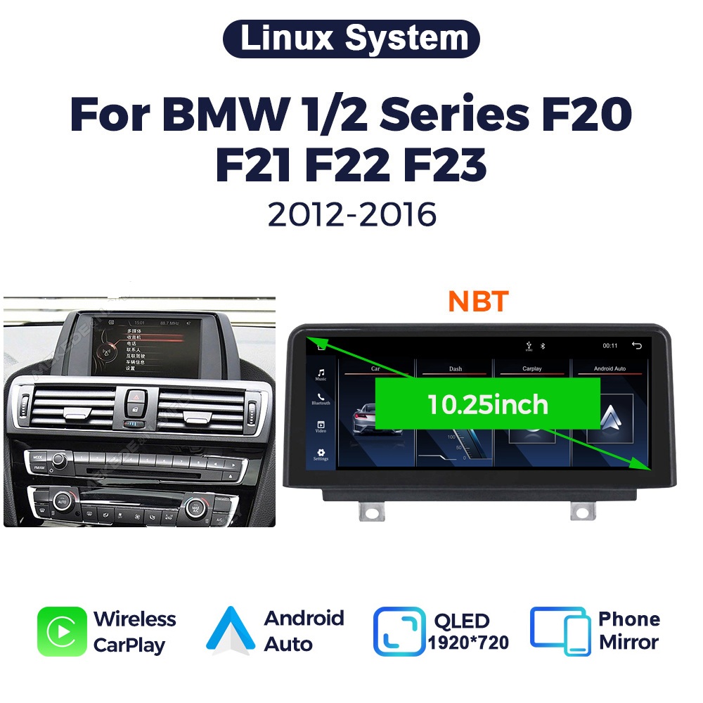 QLED Linux Bildschirm Kabelloses CarPlay und Android Auto Autoradio für BMW 1 2  Serie F20 F21 F22  NBT-Systeme Autoradio Stereo Multimedia-Player mit BT GPS-Navigation