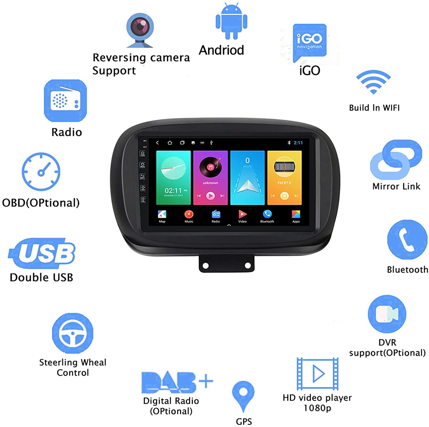9 zoll  Android 10 Autoradio GPS Navi für FIAT 500X 2014-2019 USB  WIFI FM USB 