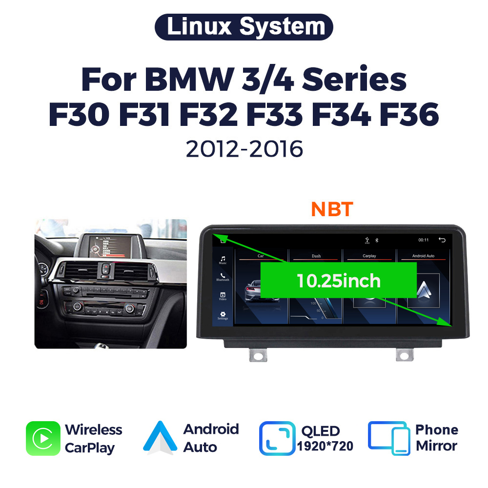 QLED Linux Bildschirm Kabelloses CarPlay und Android Auto Autoradio Für BMW 3er 4er F30/F31 F34 F32 F33 F36 NBT System Autoradio Stereo Multimedia-Player mit BT GPS-Navigation Copy