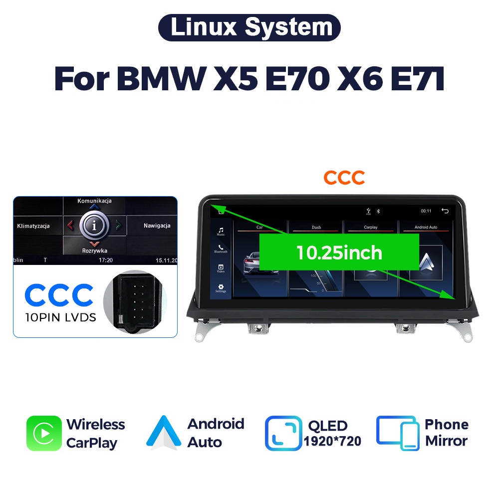 für BMW X5 X6 E70 E71 CCC System 10.2 Zoll  Wireless Carplay und Android Auto  USB Touchscreen, integrierter DSP, Linux System