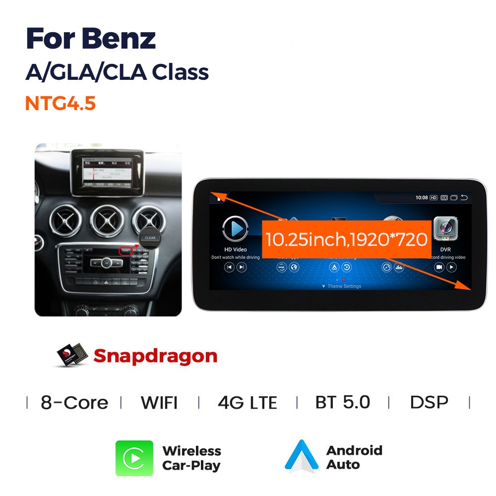 für MERCEDES BENZ A W176, CLA C117, GLA X156  NTG 4.5.  Qualcomm 10.25 Zoll Android 14 Autoradio GPS Navi Drahtlos CARPLAY und Android Auto