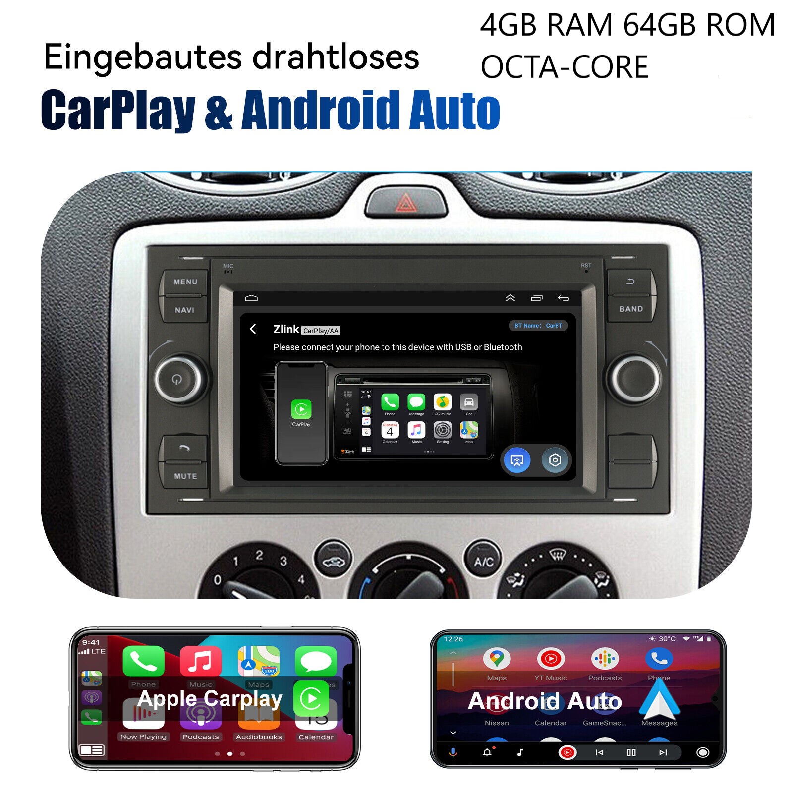  für Ford Focus Transit C/S-MAX Fusion Kuga Fiesta Galaxy Connect Mondeo 7 zoll  Android 13 Autoradio GPS Navi Android  4GB RAM 64GB ROM 8-Core
