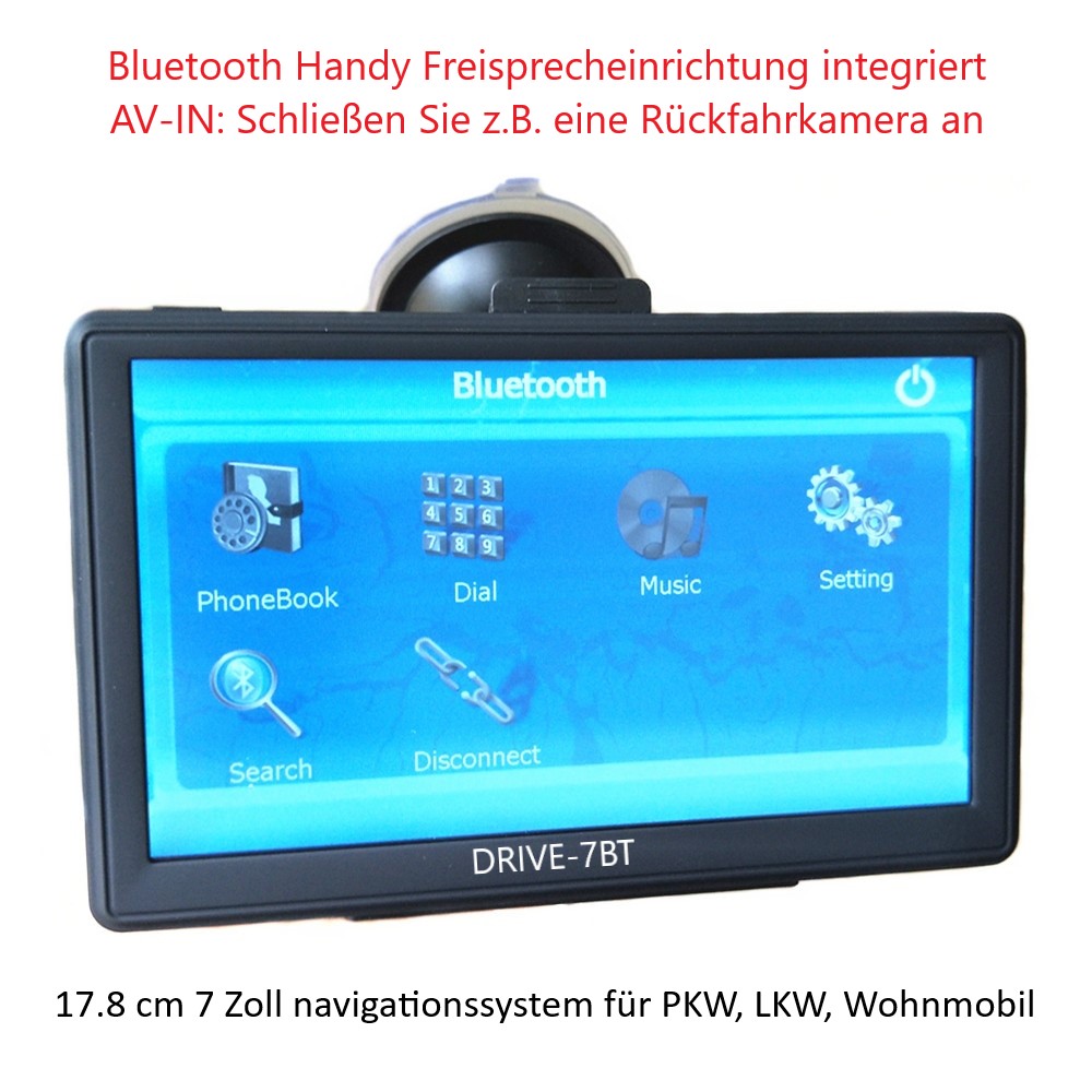 Camper Bluetooth PKW HQ TMC Verkehrsfunkempfänger AV-IN 7 Zoll Navigationsgerät Navi Navigationssystem DRIVE-7BT für LKW Text-to-Speech 50 Länder Europas 