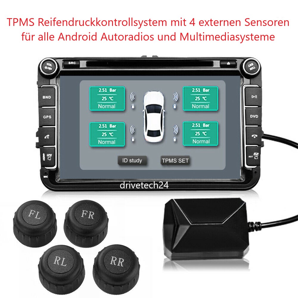 TPMS Reifendruckkontrollsystem für Android Autoradio mit 4 externen Sensoren