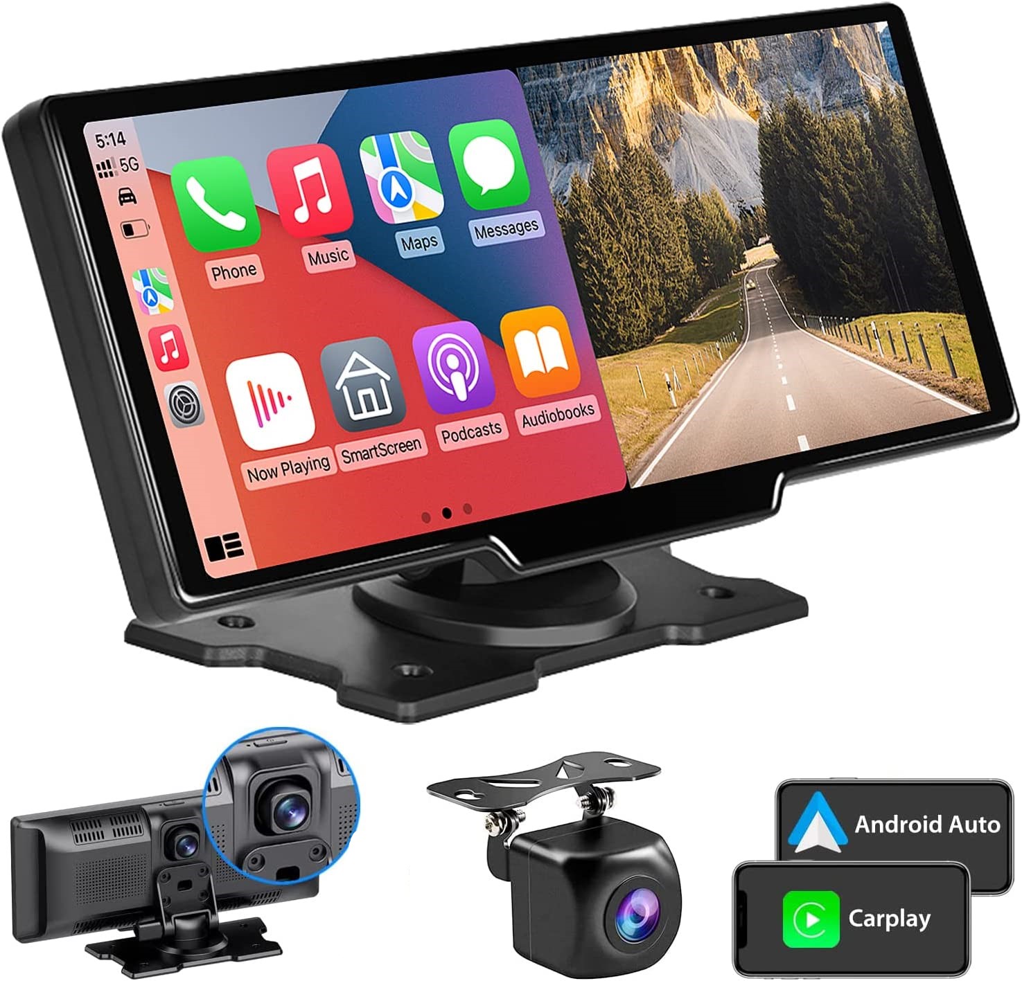 10 Zoll Monitor 2 Kameras Carplay für Apple & Android für Auto LKW Wohnmobil, Sprachsteuerung Videoaufzeichnung Rückfahrkamera