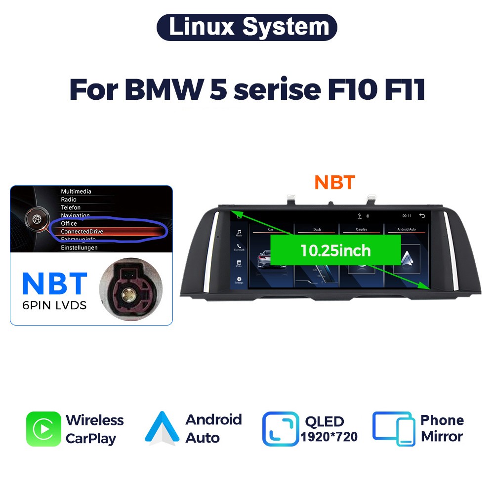 Für BMW F10 F11 NBT System 10.2 Zoll Display Wireless Carplay und Android Auto USB Touchscreen, integrierter DSP, Linux System